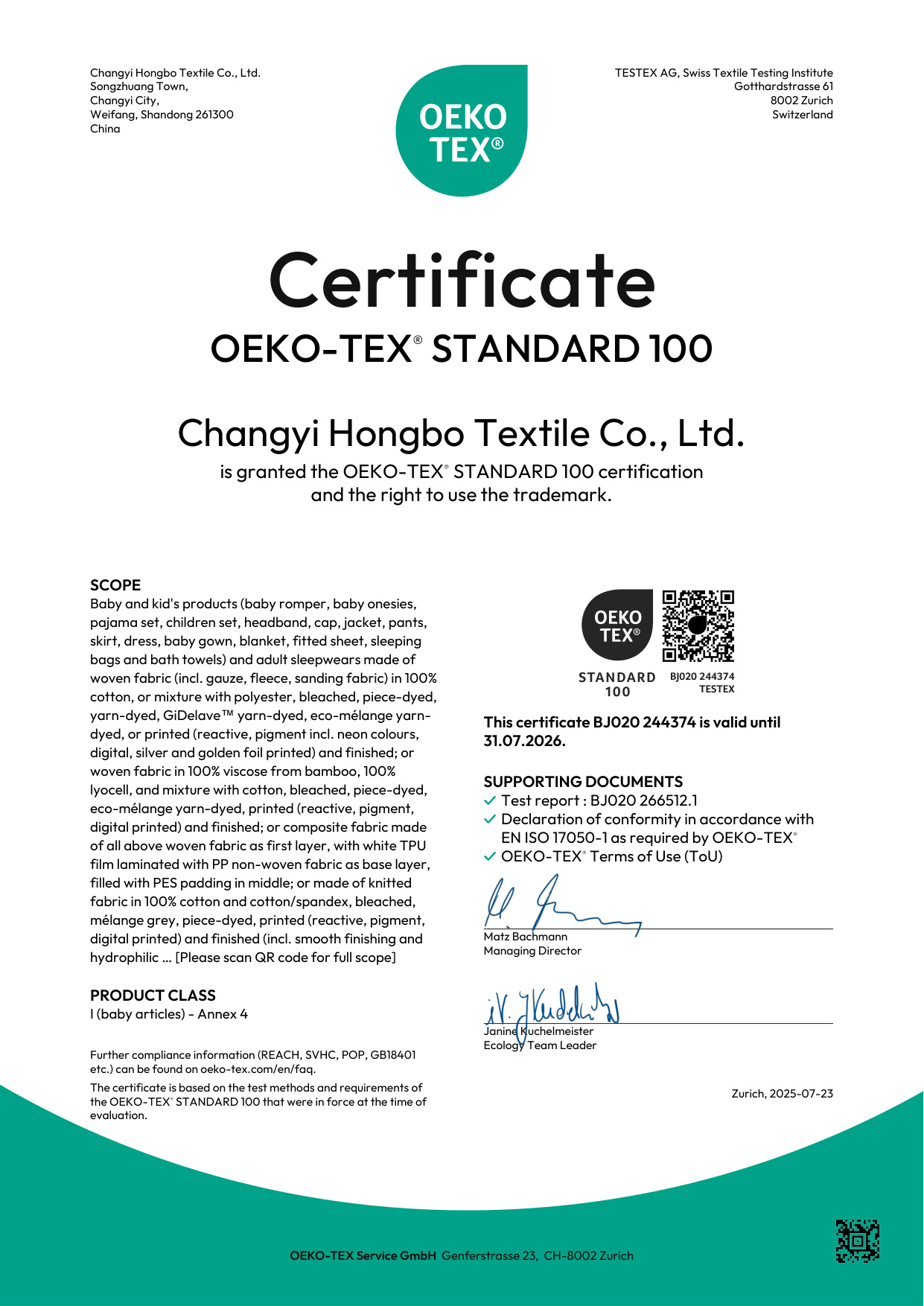 OEKO-TEX Standard 100 certificate