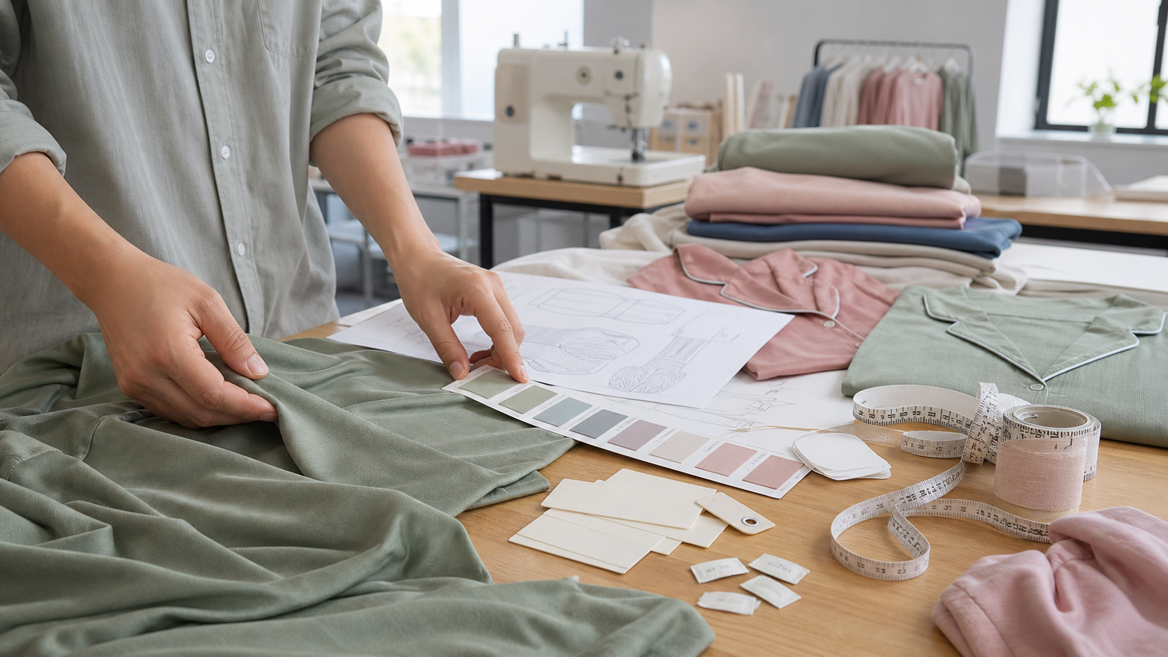 Sleepwear sample development table with bamboo modal swatches