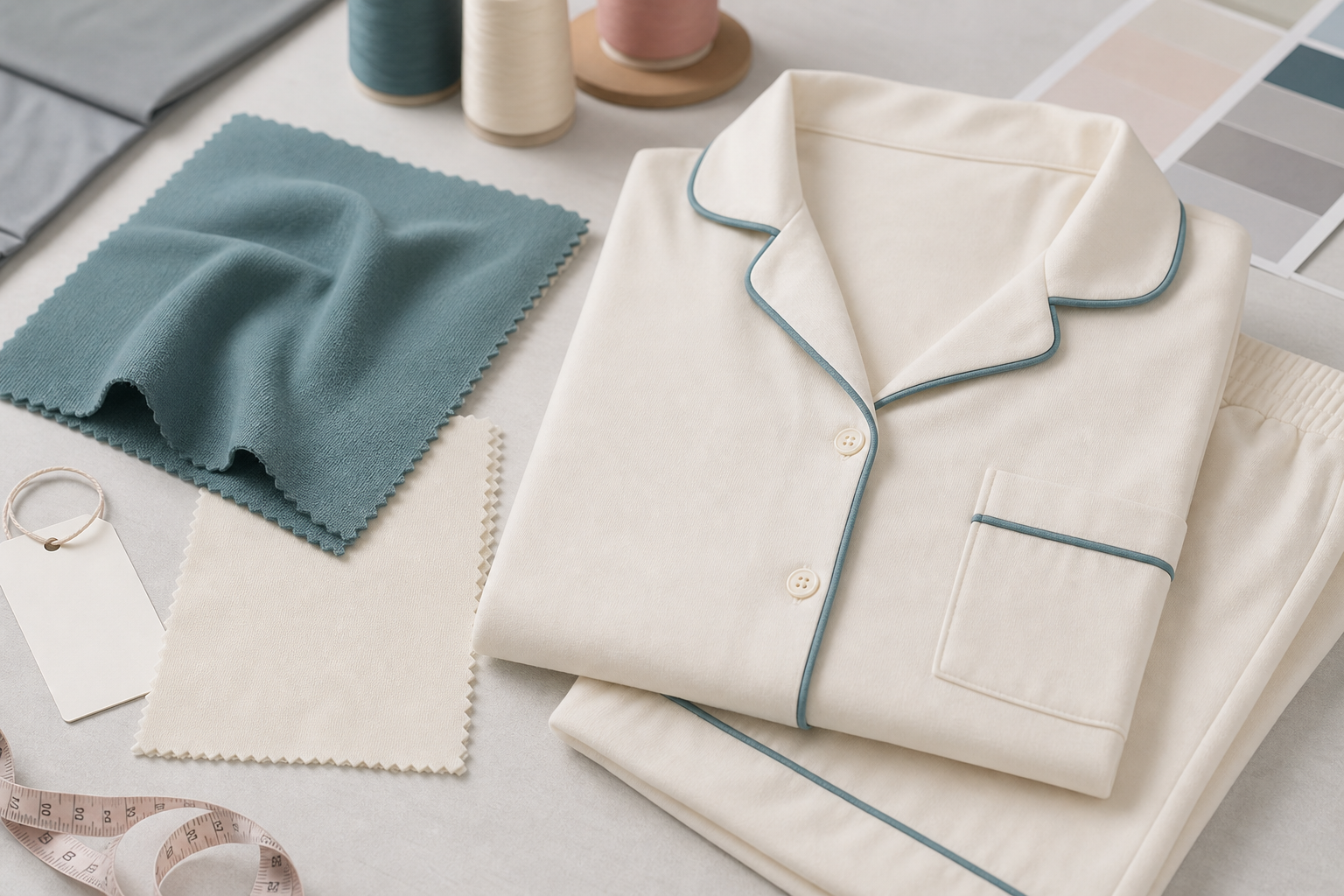 Bamboo modal fabric swatches and folded pajama sample