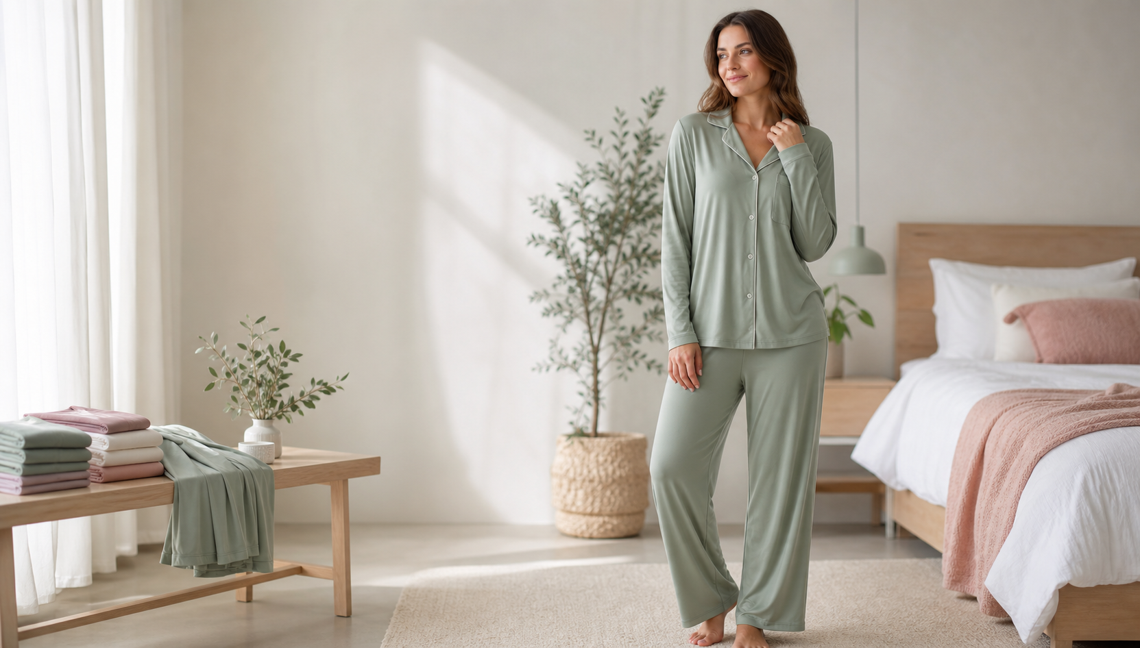 Sage bamboo modal pajama set in a clean bedroom studio