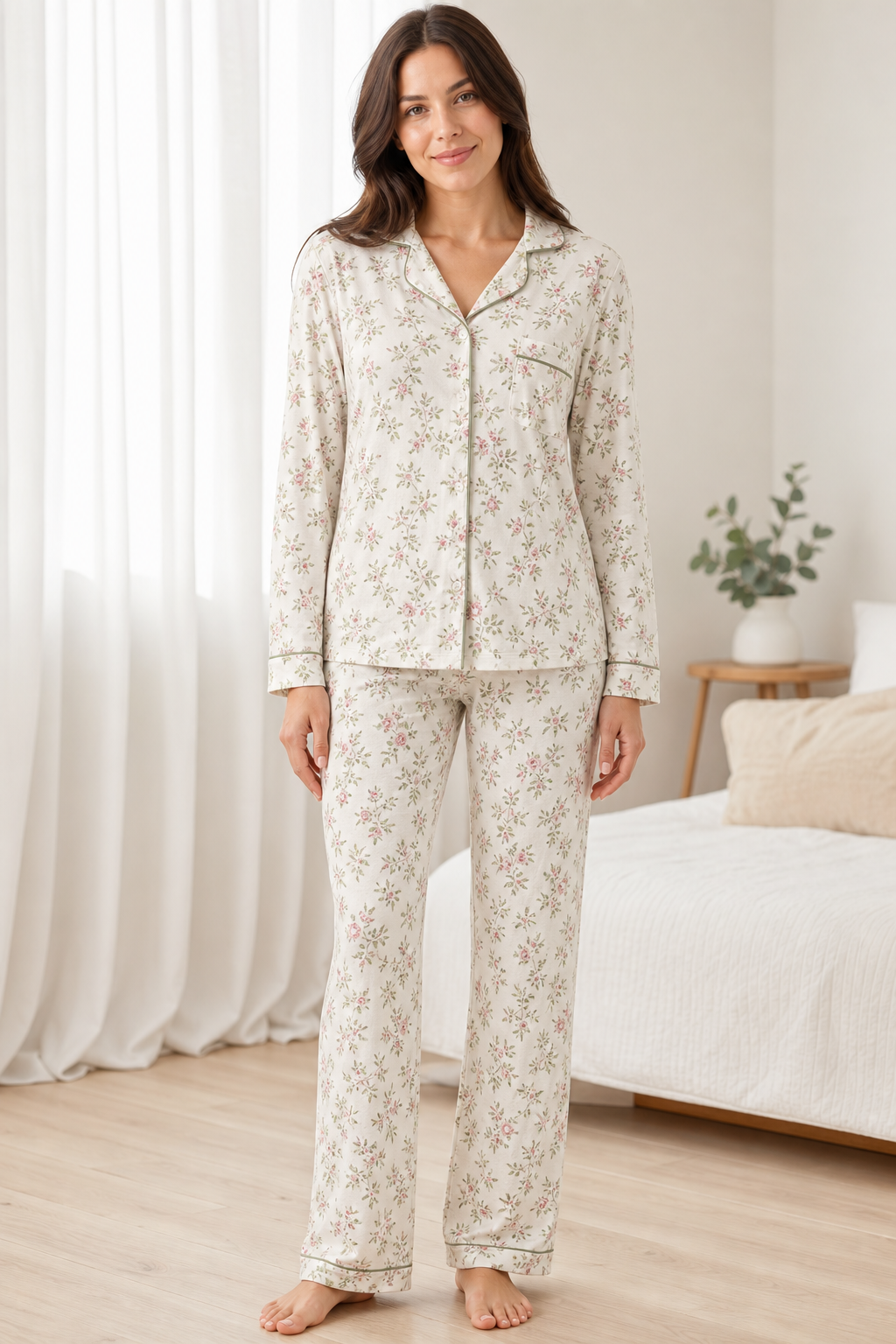 Ivory bamboo modal floral print long sleeve pajama set