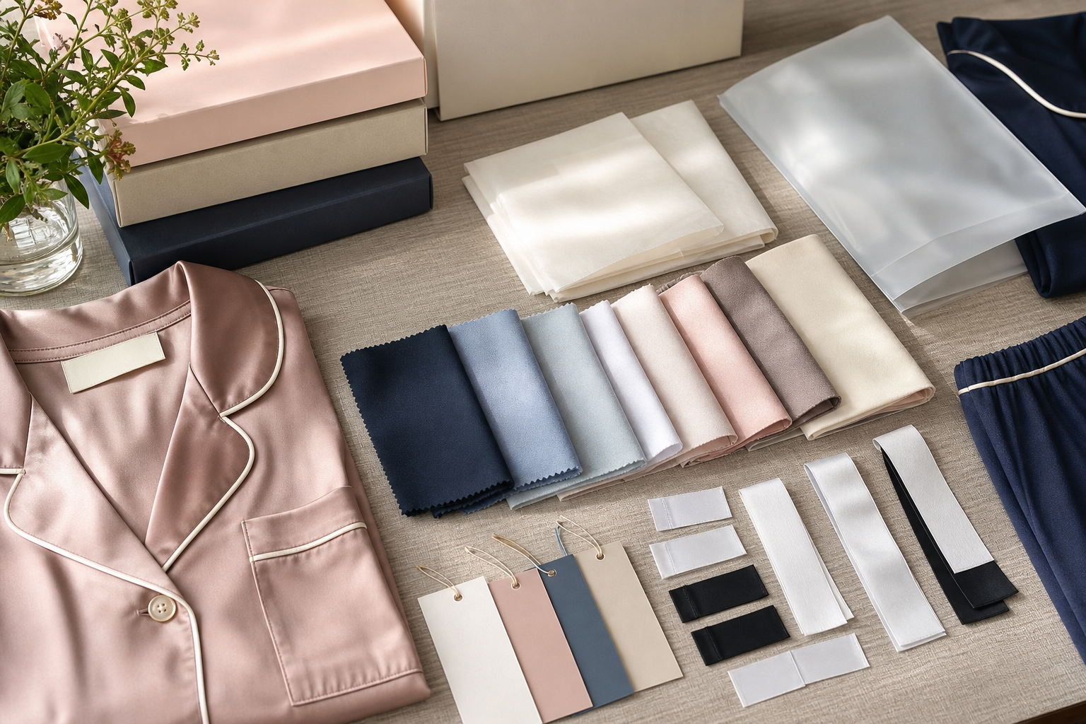 Private label sleepwear labels packaging and fabric swatches